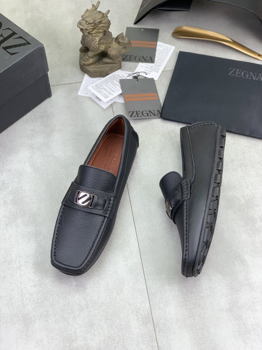 Zegna Square-Toe Leather Loafers — side