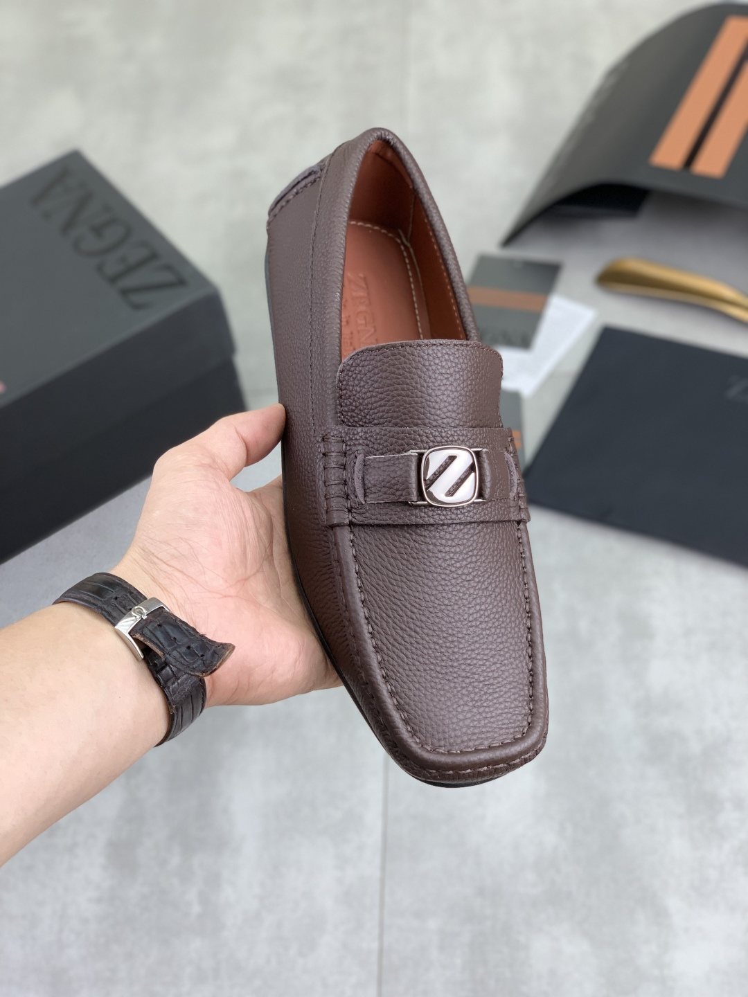 Zegna Square-Toe Leather Loafers — model