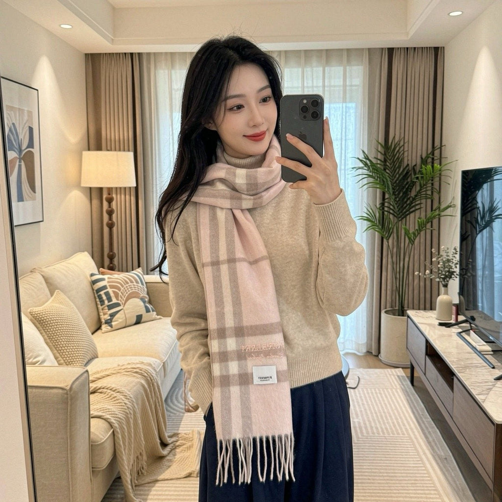 Burberry Blush Pink Plaid Fringed Scarf — model