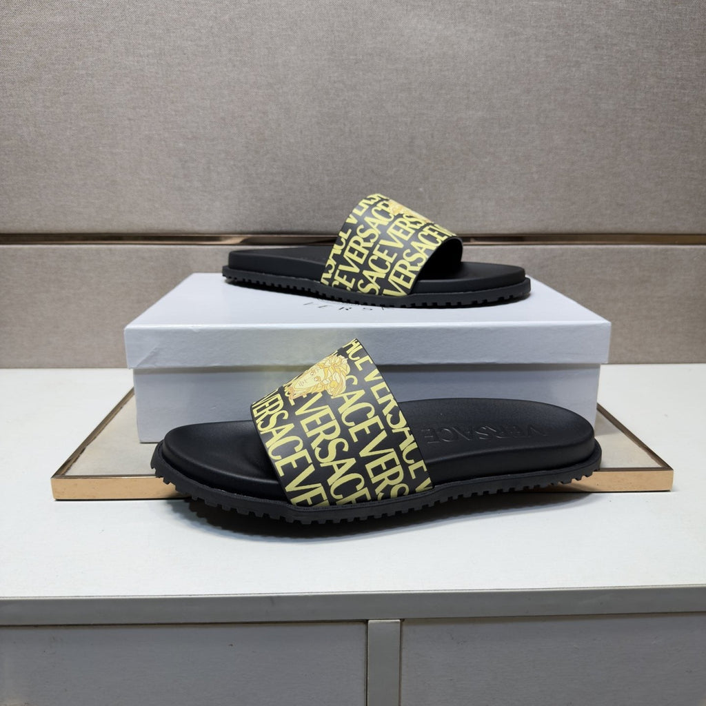 Versace Logo Print Slide Sandals — model