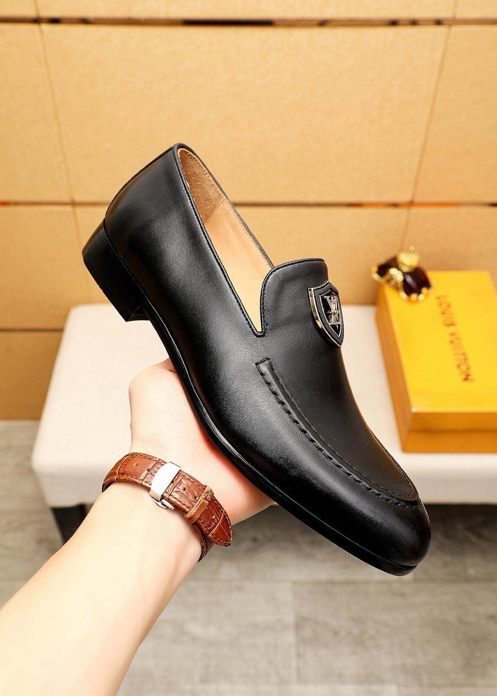 Louis Vuitton Shield-Detail Slip-On Shoes — model