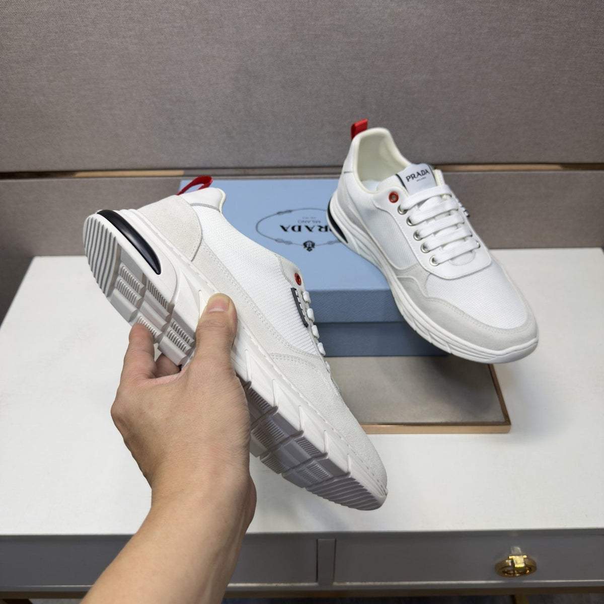 Prada Men's Paneled Low-Top Sneakers — model