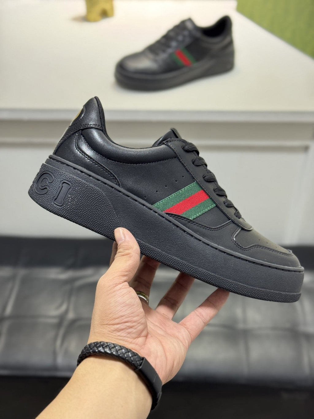 Gucci White Green-Red Stripe Sneakers — side