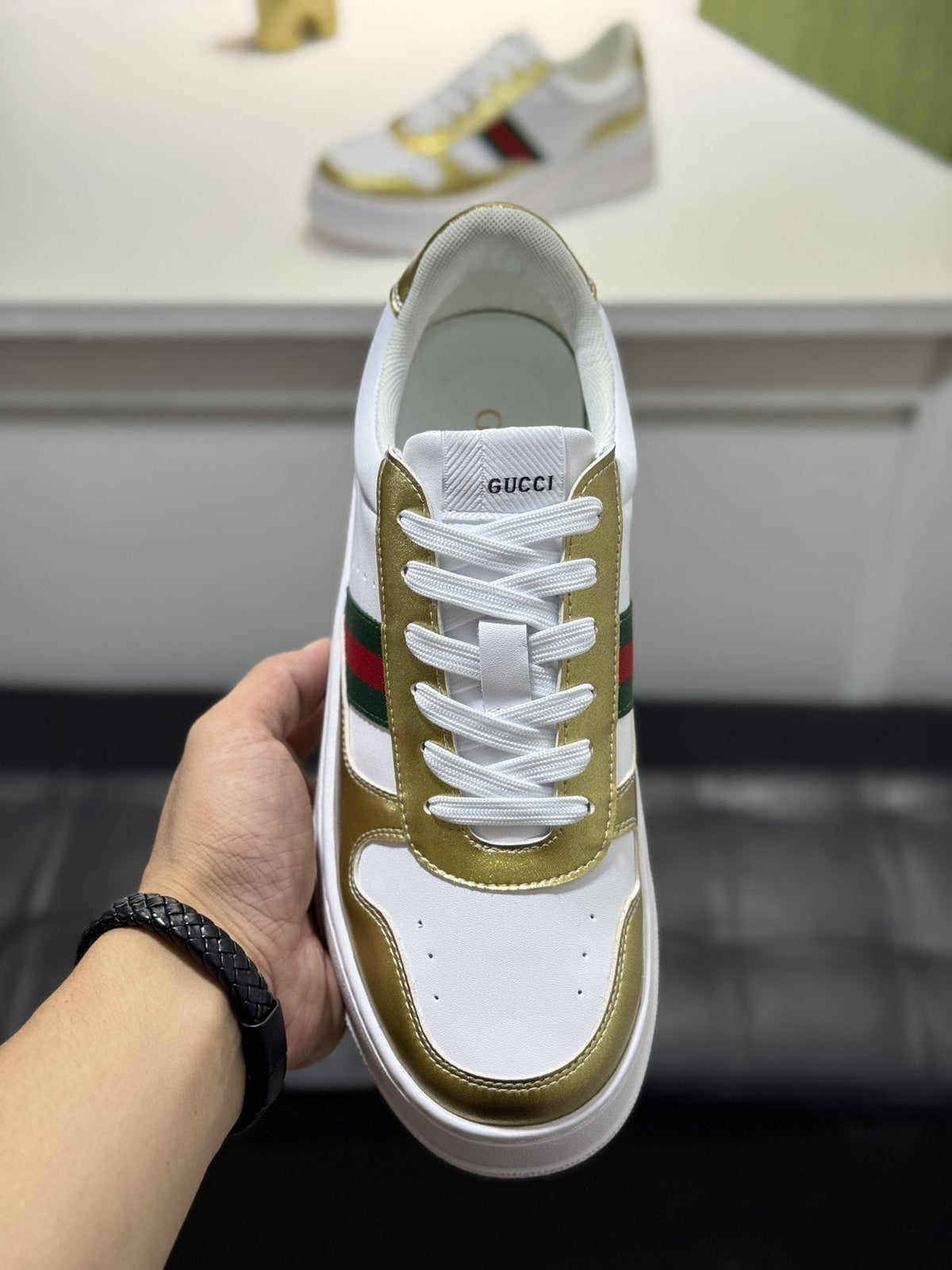 Gucci White Green-Red Stripe Sneakers — front