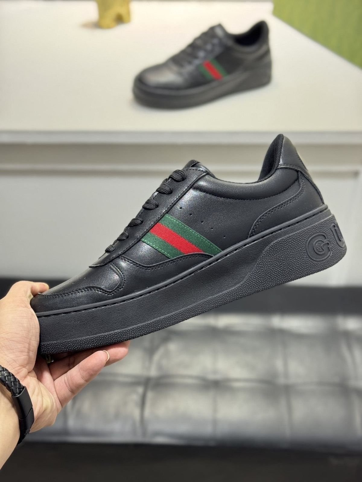 Gucci White Green-Red Stripe Sneakers — side