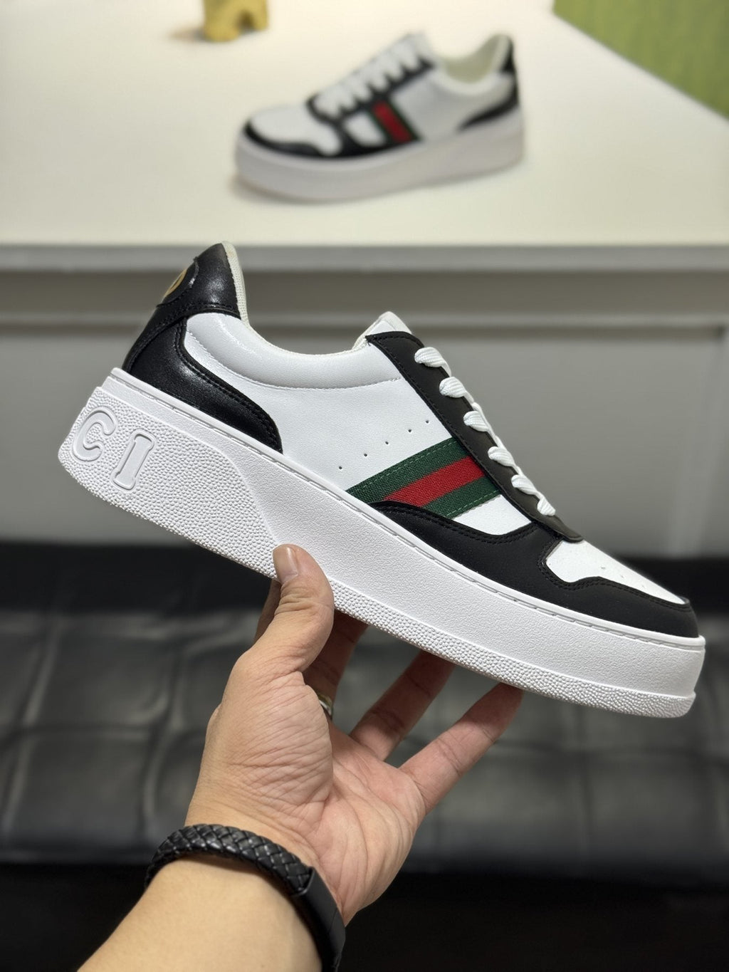 Gucci White Green-Red Stripe Sneakers — side