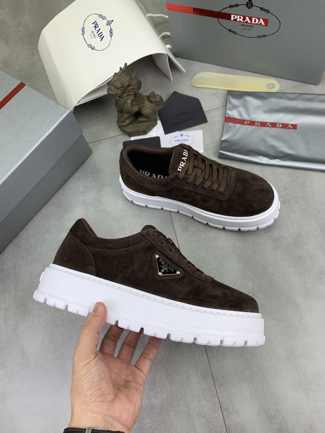 Prada Men's Lace-Up Sneakers with Ridged Soles — model