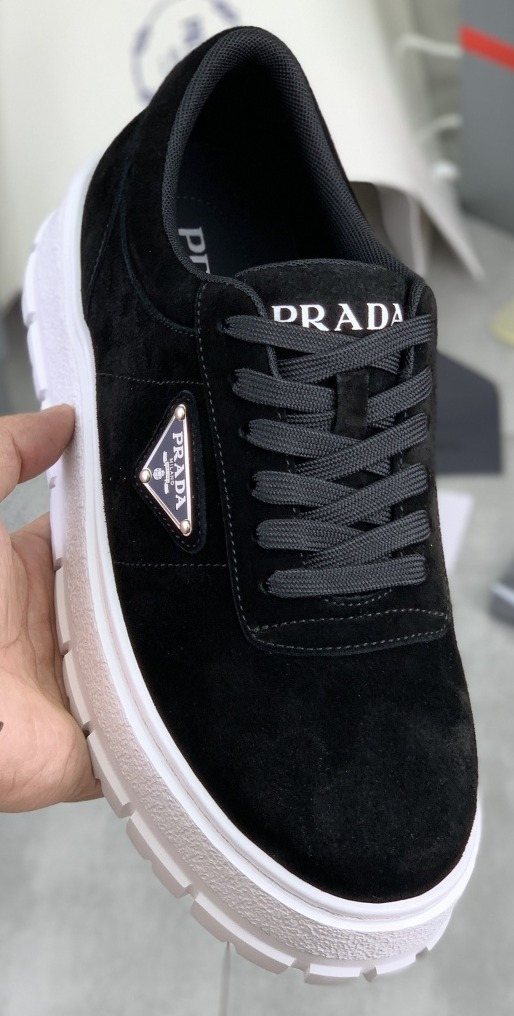 Prada Men's Lace-Up Sneakers with Ridged Soles — front
