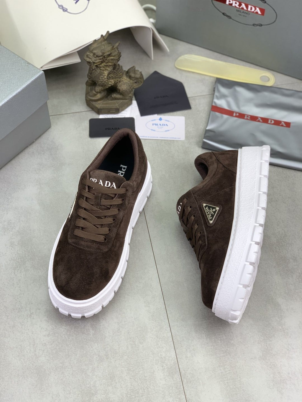 Prada Men's Lace-Up Sneakers with Ridged Soles — side