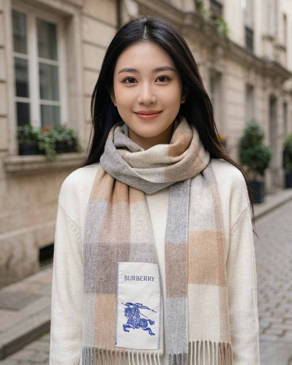 Burberry Plaid Fringe Scarf — model
