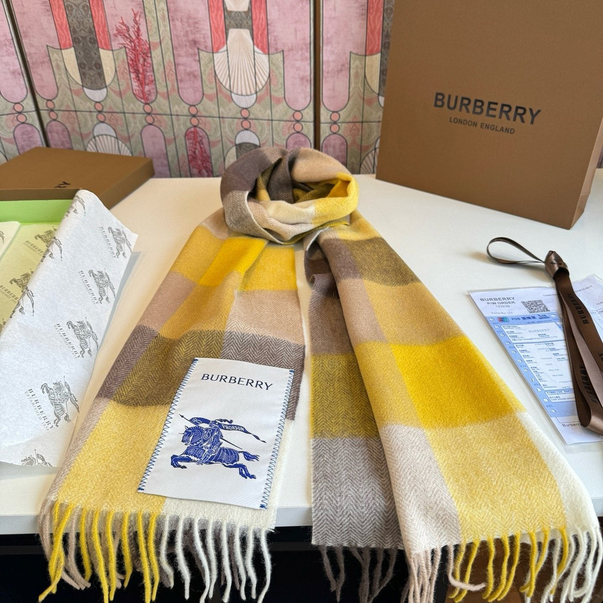 Burberry Yellow Brown Plaid Scarf — side