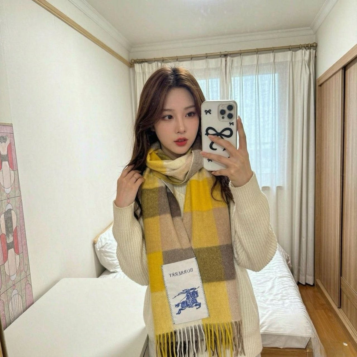 Burberry Yellow Brown Plaid Scarf — model