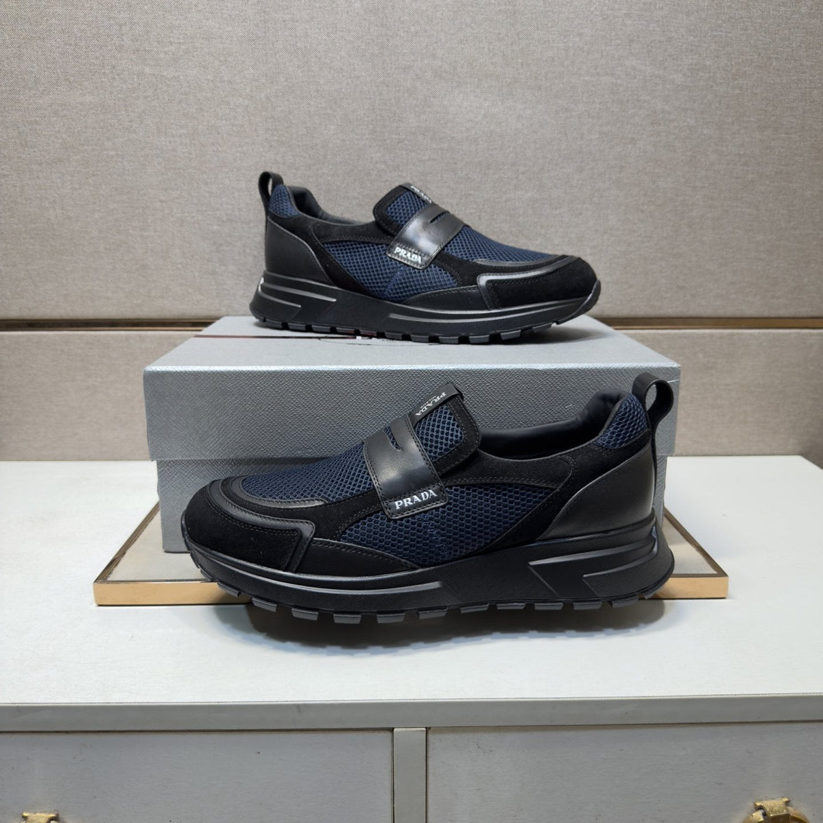 Prada Dark Navy Mesh Slip-On Sneakers — model