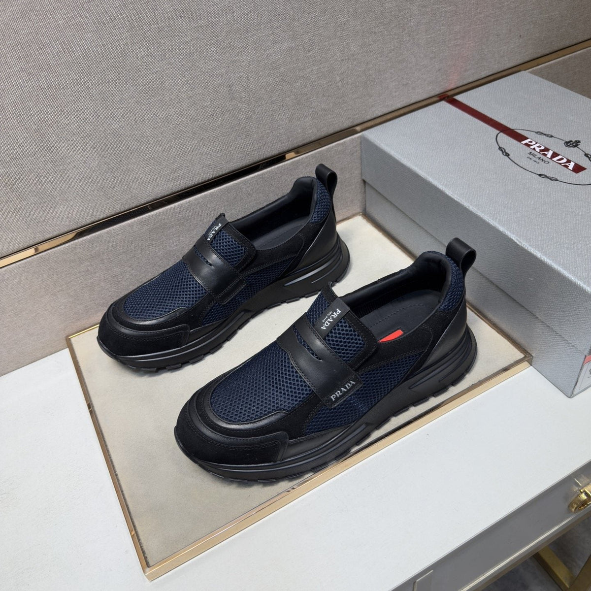 Prada Dark Navy Mesh Slip-On Sneakers — front