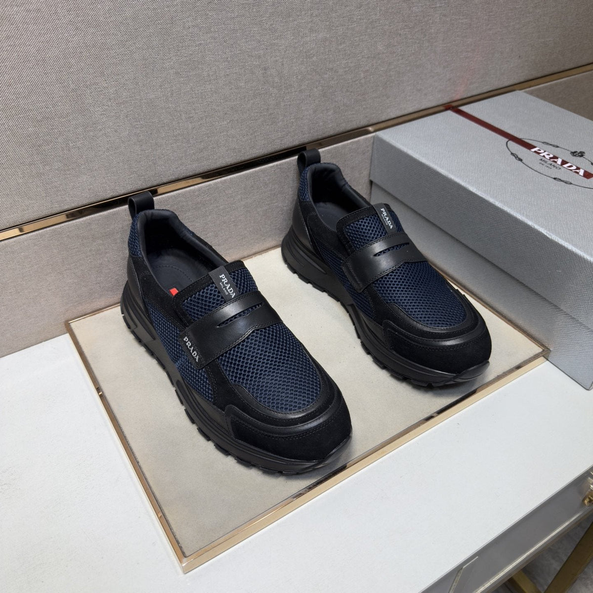 Prada Dark Navy Mesh Slip-On Sneakers — front