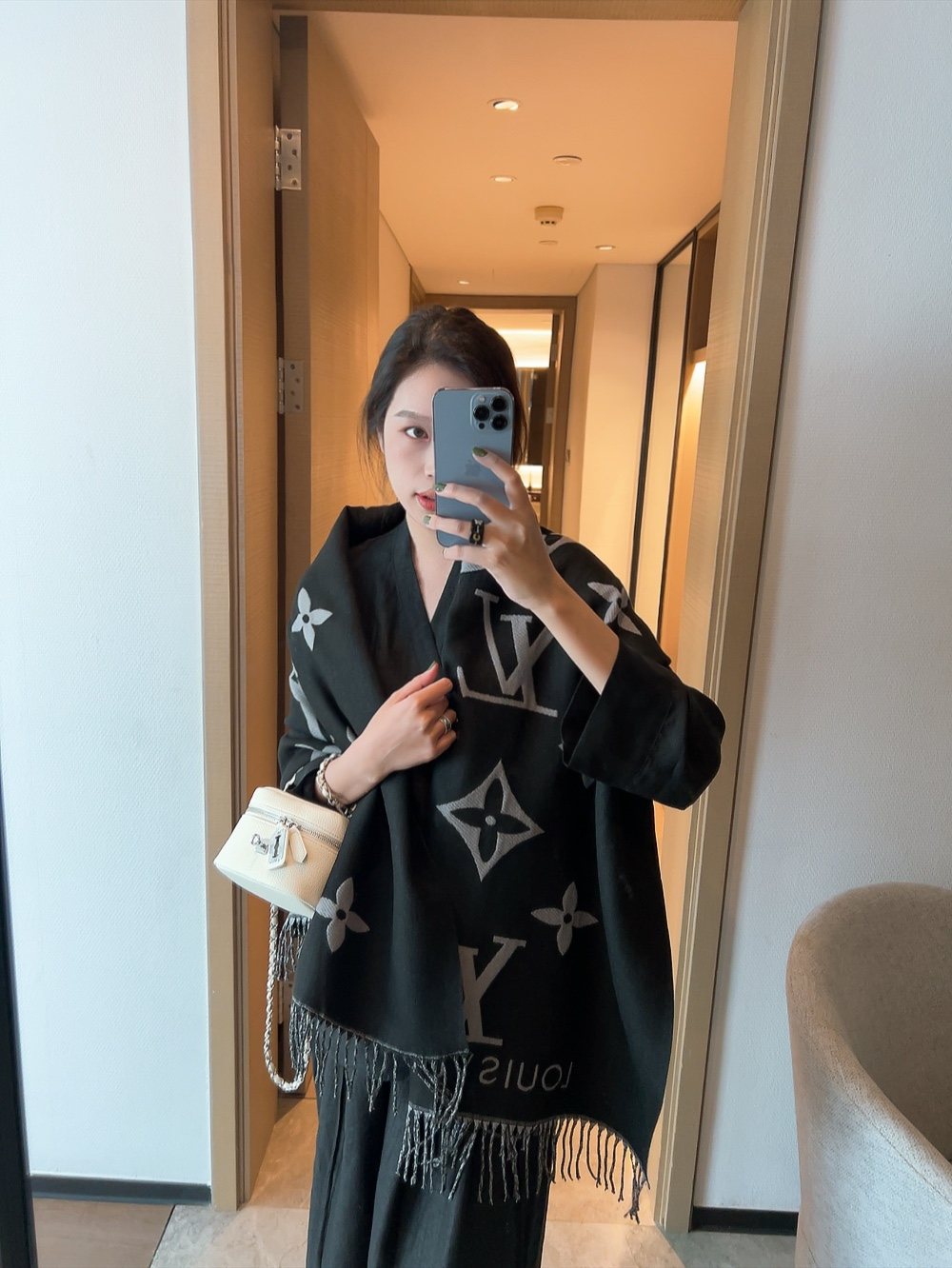 Louis Vuitton Fringed Monogram Scarf Shawl — model