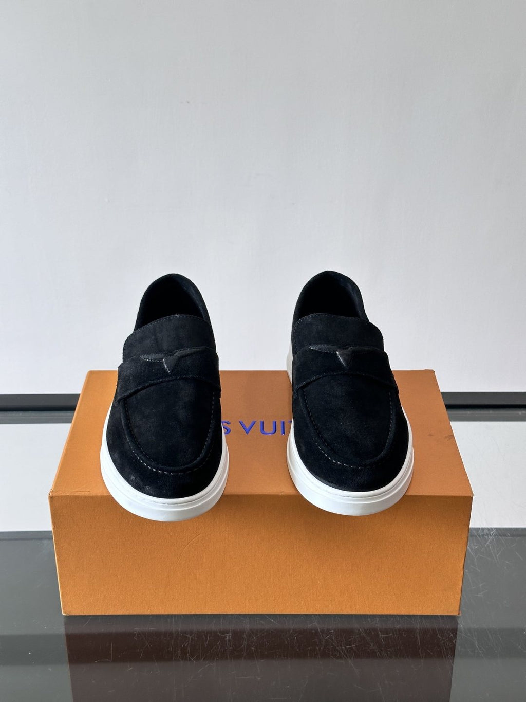 Louis Vuitton Navy Blue Suede Loafers — front