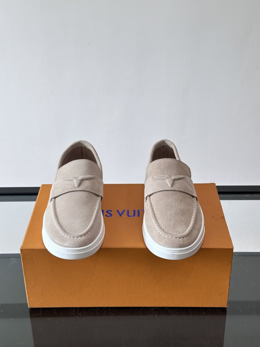 Louis Vuitton Navy Blue Suede Loafers — front