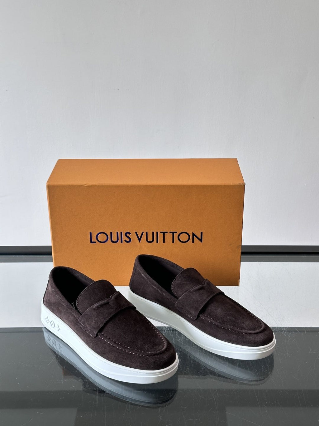 Louis Vuitton Navy Blue Suede Loafers — front