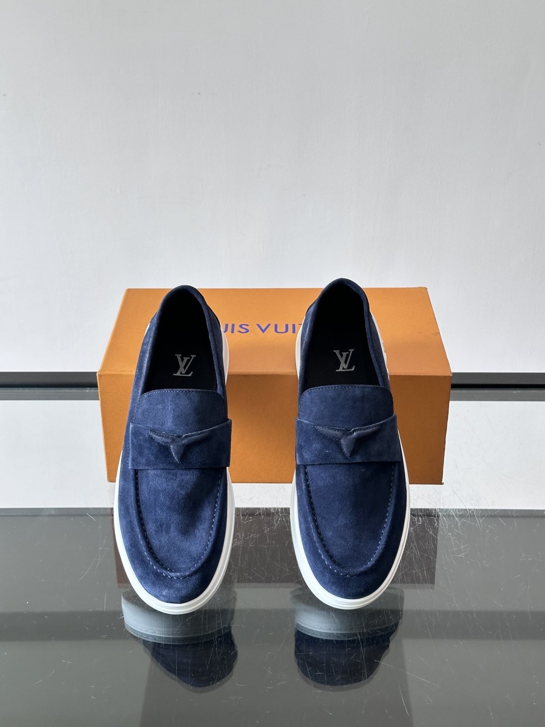 Louis Vuitton Navy Blue Suede Loafers — front