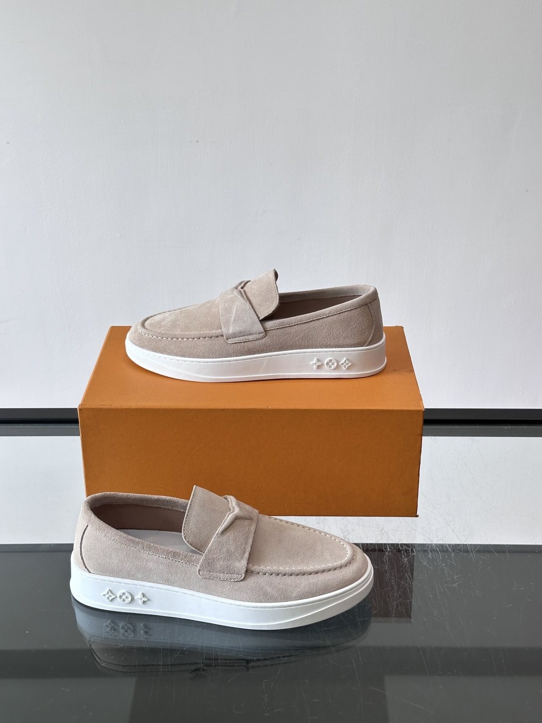 Louis Vuitton Navy Blue Suede Loafers — side