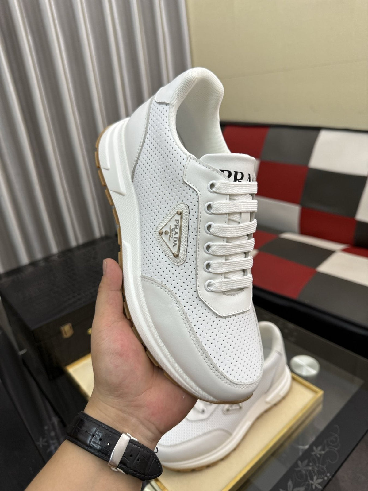 Prada Triangle Plaque Lace-Up Sneakers — side