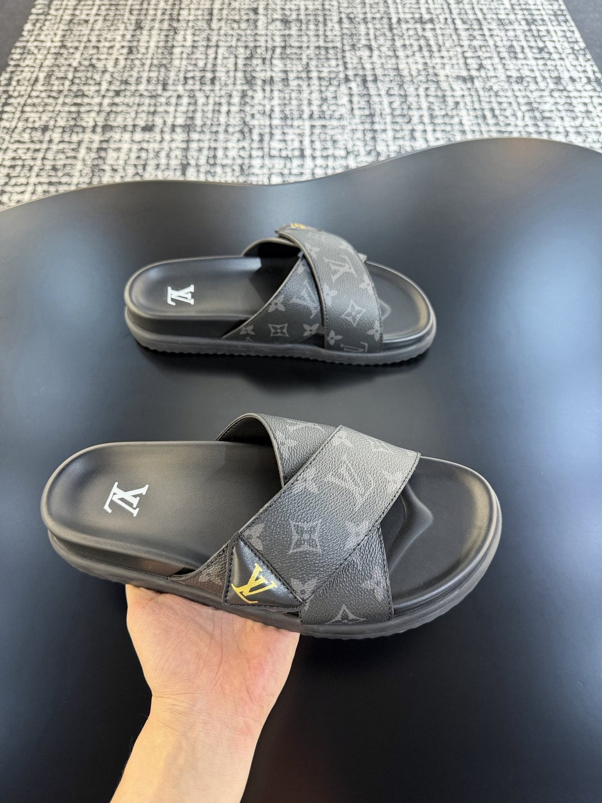 Louis Vuitton Monogram Cross-Strap Slide Sandals — model