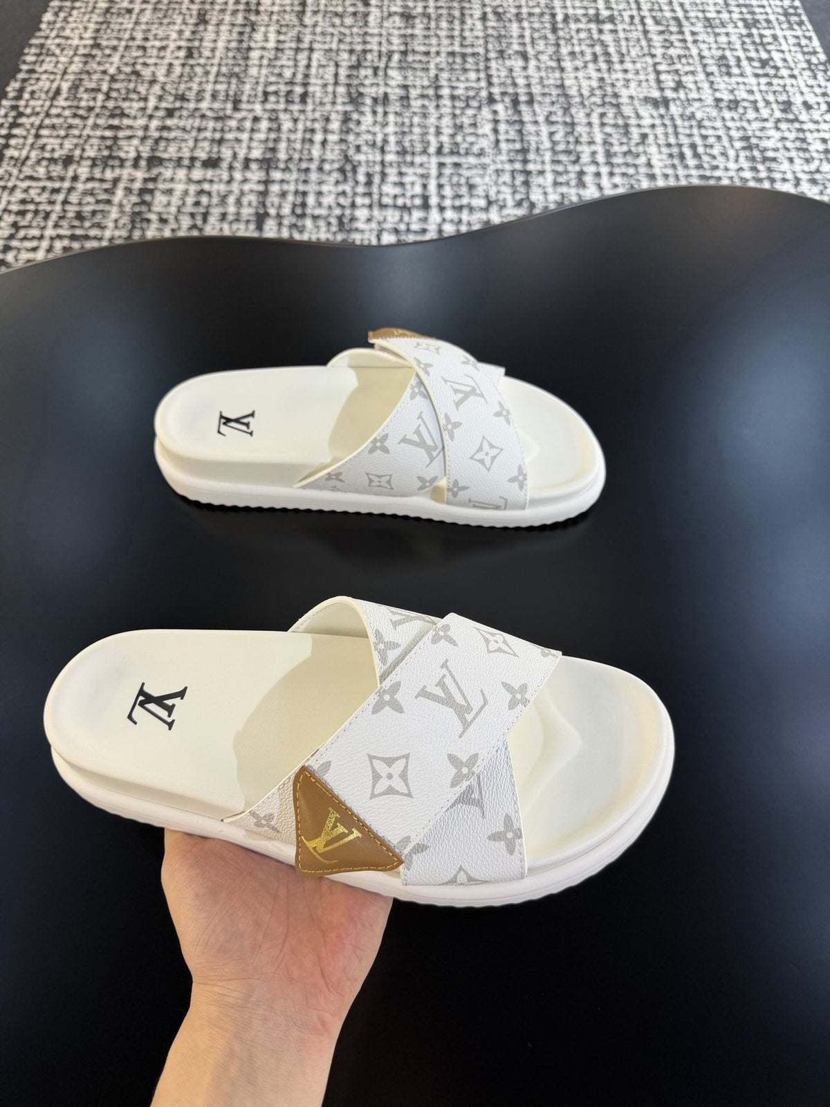 Louis Vuitton Monogram Cross-Strap Slide Sandals — model
