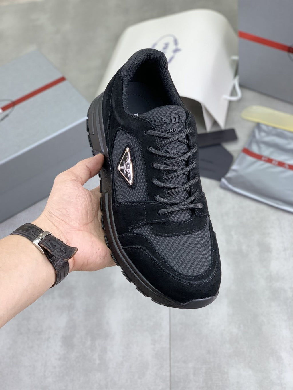 Prada Gray Paneled Men's Sneakers — model