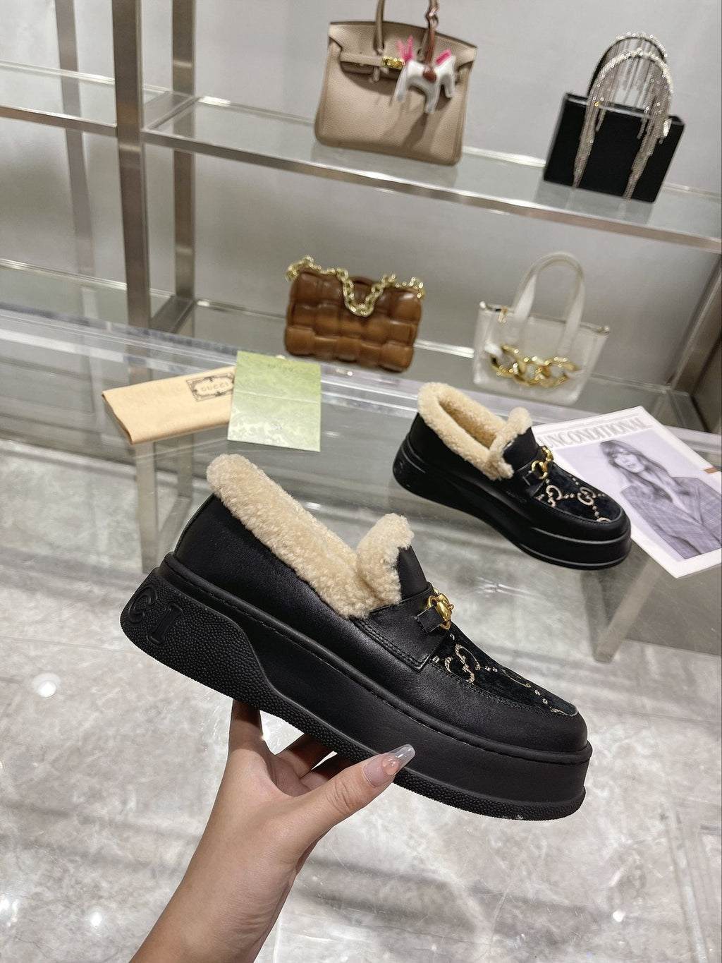 Gucci Patterned Plush-Lined Platform Slip-On Shoes — model