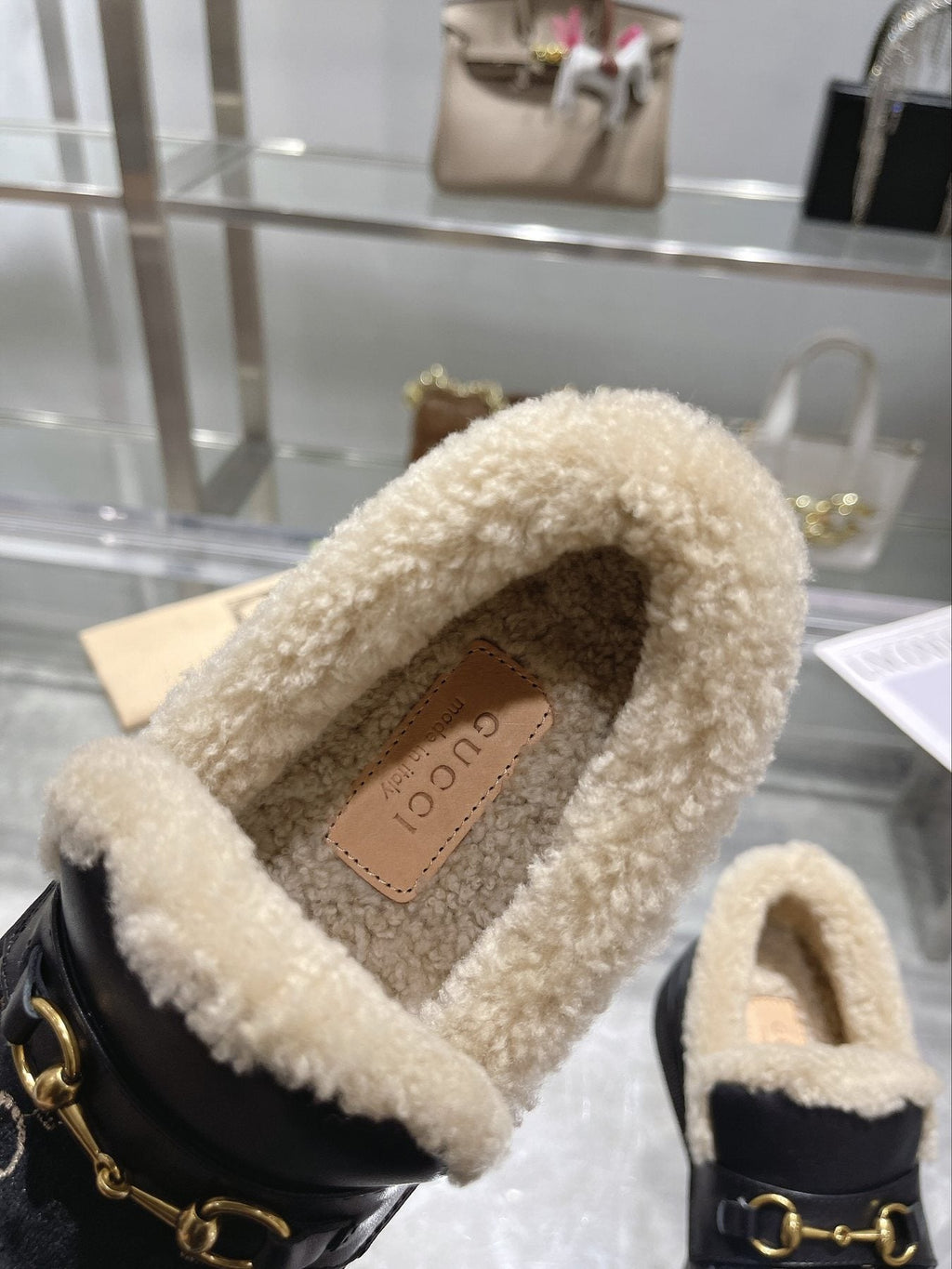 Gucci Patterned Plush-Lined Platform Slip-On Shoes — back