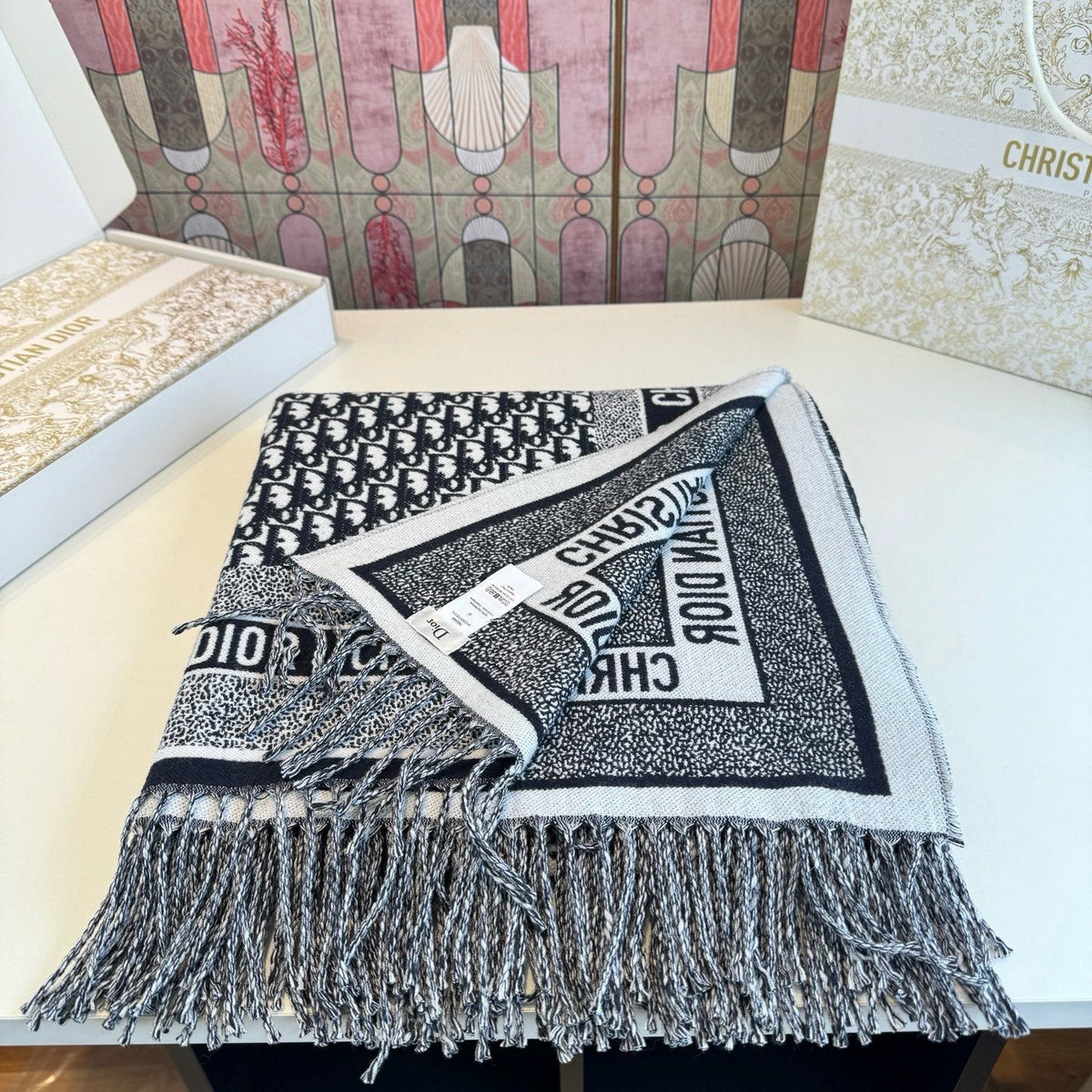 Dior Graphic Fringe Square Scarf — side