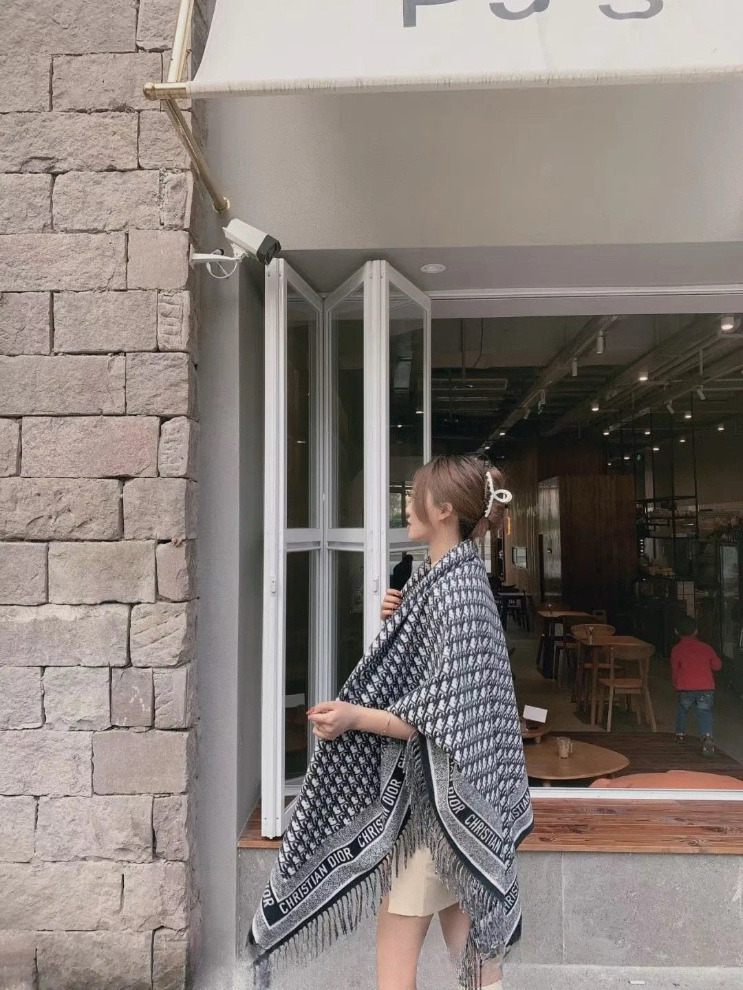 Dior Graphic Fringe Square Scarf — model