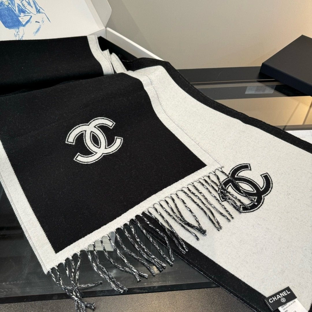 Chanel Contrast Panel Fringed Scarf — side