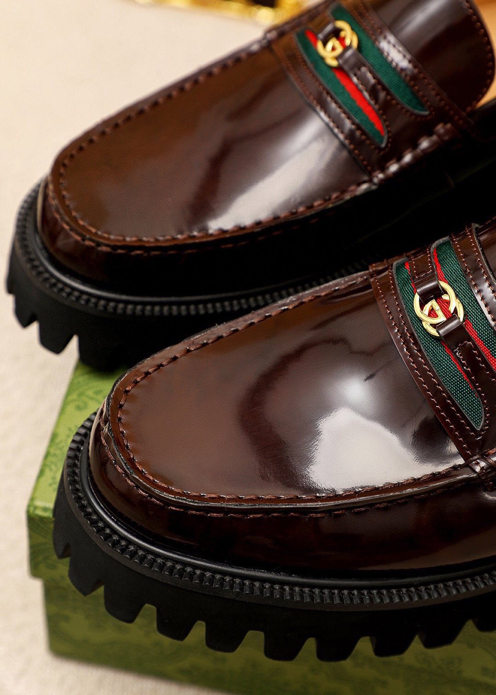 Gucci Striped Vamp Lug Sole Loafers — detail
