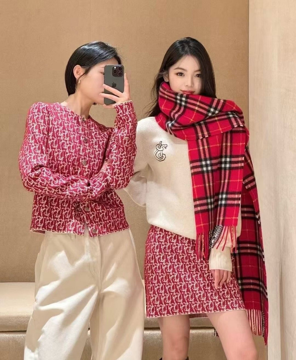 Burberry Red Plaid Fringed Scarf — model