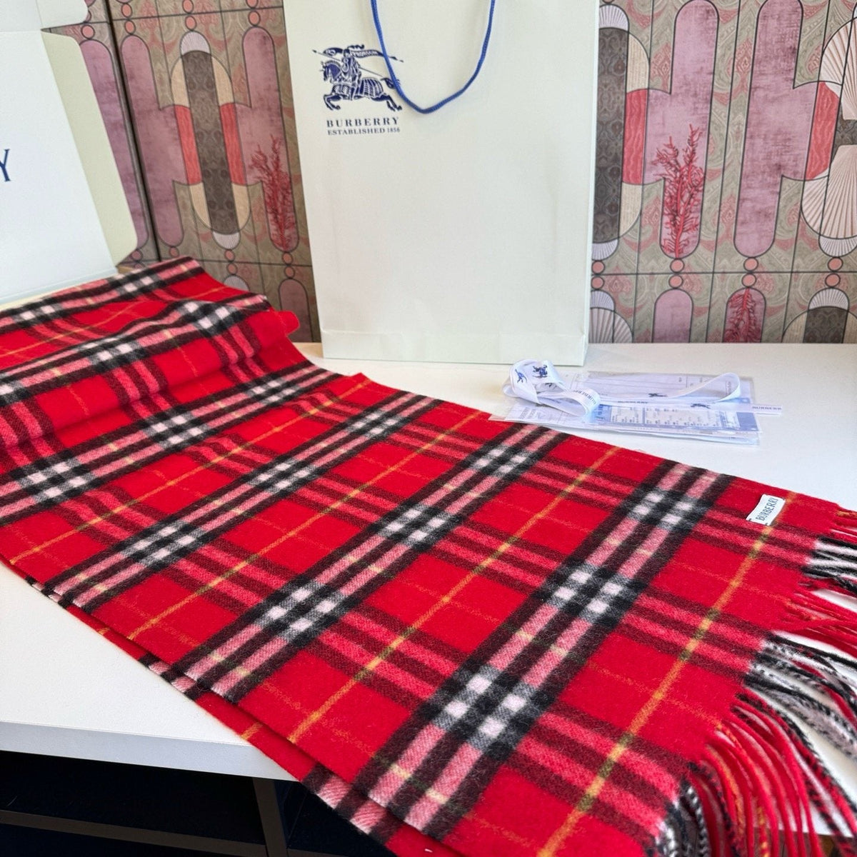 Burberry Red Plaid Fringed Scarf — front