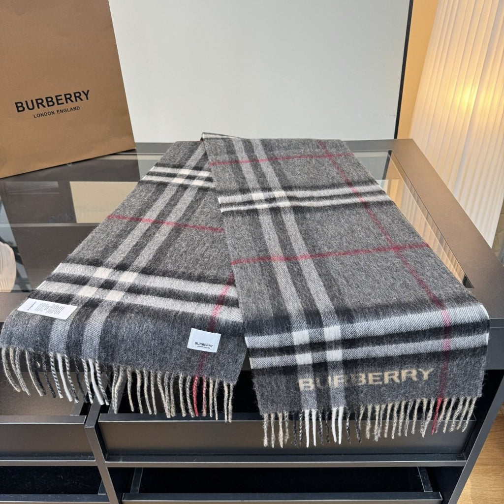 Burberry Charcoal Gray and Beige Plaid Scarf — front