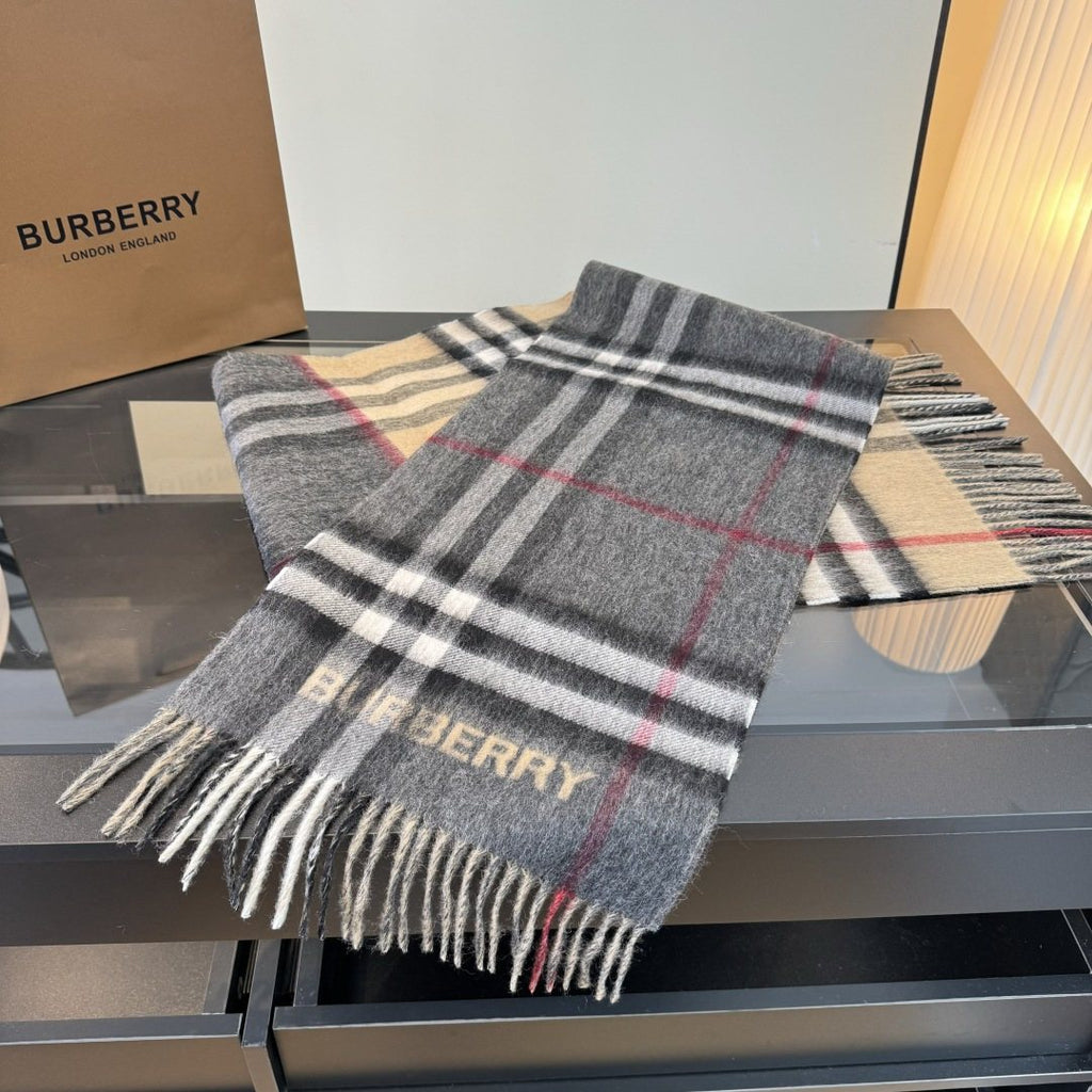 Burberry Charcoal Gray and Beige Plaid Scarf — front
