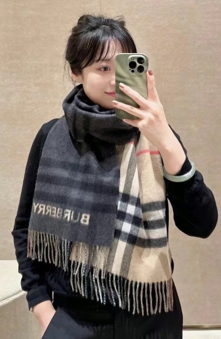 Burberry Charcoal Gray and Beige Plaid Scarf — hero