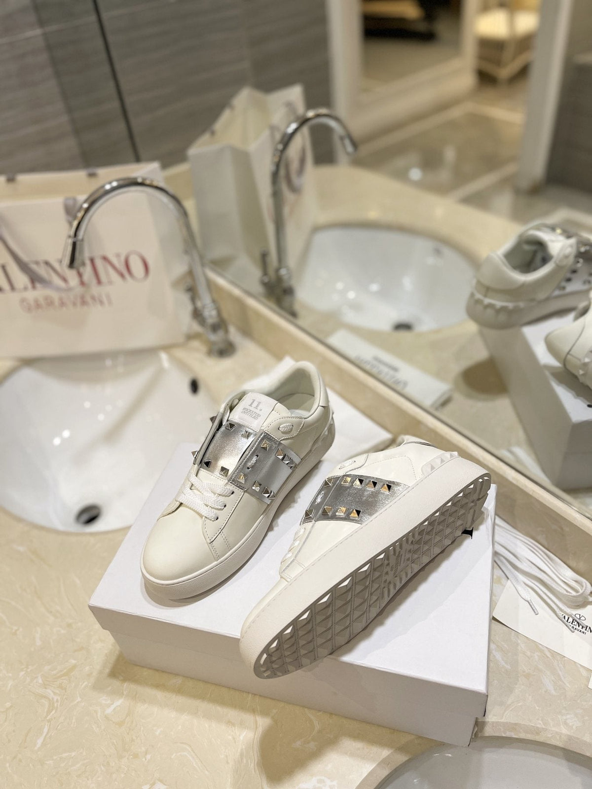 Valentino White Silver Studded Low-Top Sneakers — side