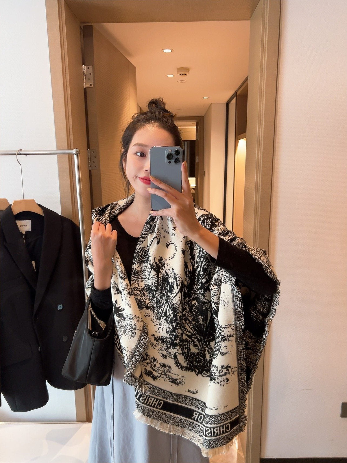 Dior Botanical Print Fringe Square Scarf — model