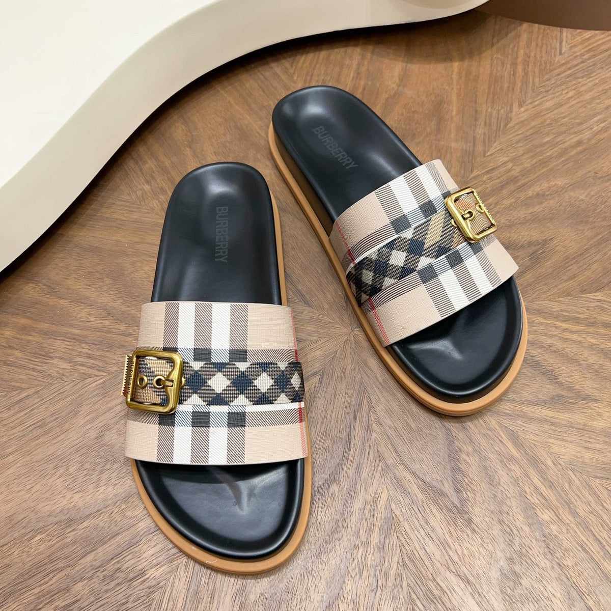 Plaid Buckle Slide Sandals — front