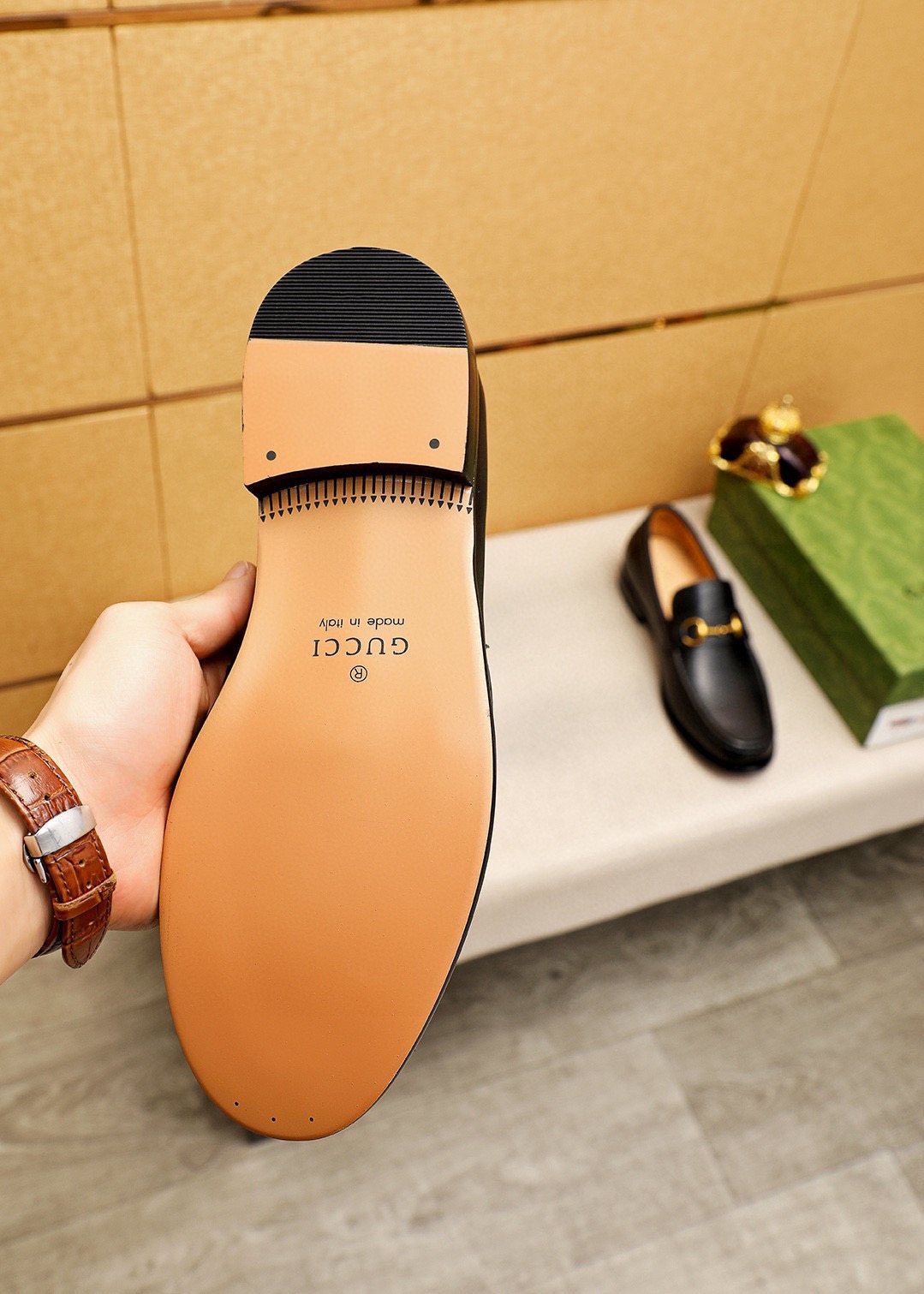 GUCCI Leather Horsebit Loafers — detail