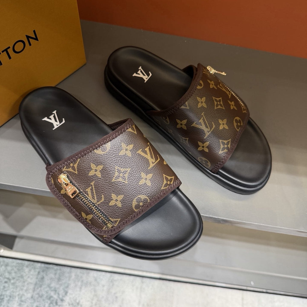 Louis Vuitton Monogram Zip Slide Sandals — front