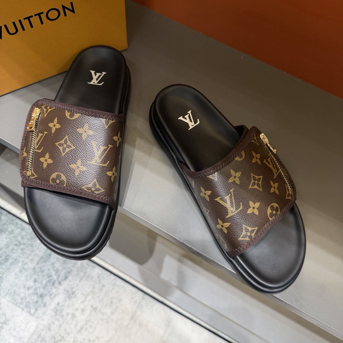 Louis Vuitton Monogram Zip Slide Sandals — front
