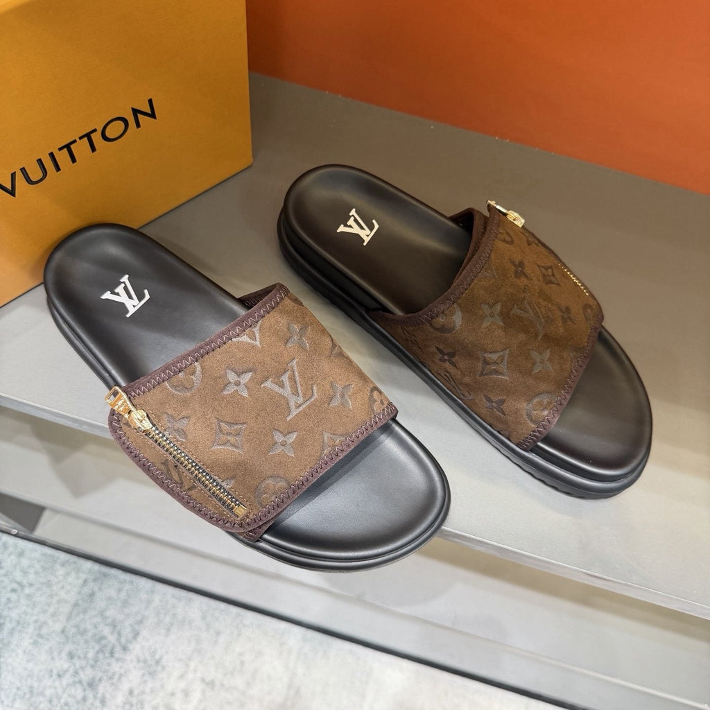 Louis Vuitton Monogram Zip Slide Sandals — front