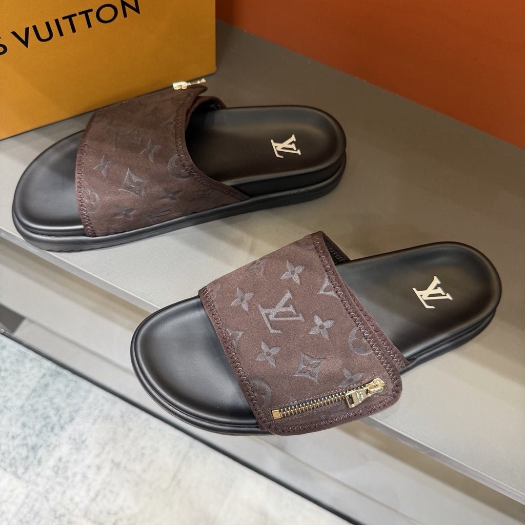 Louis Vuitton Monogram Zip Slide Sandals — front