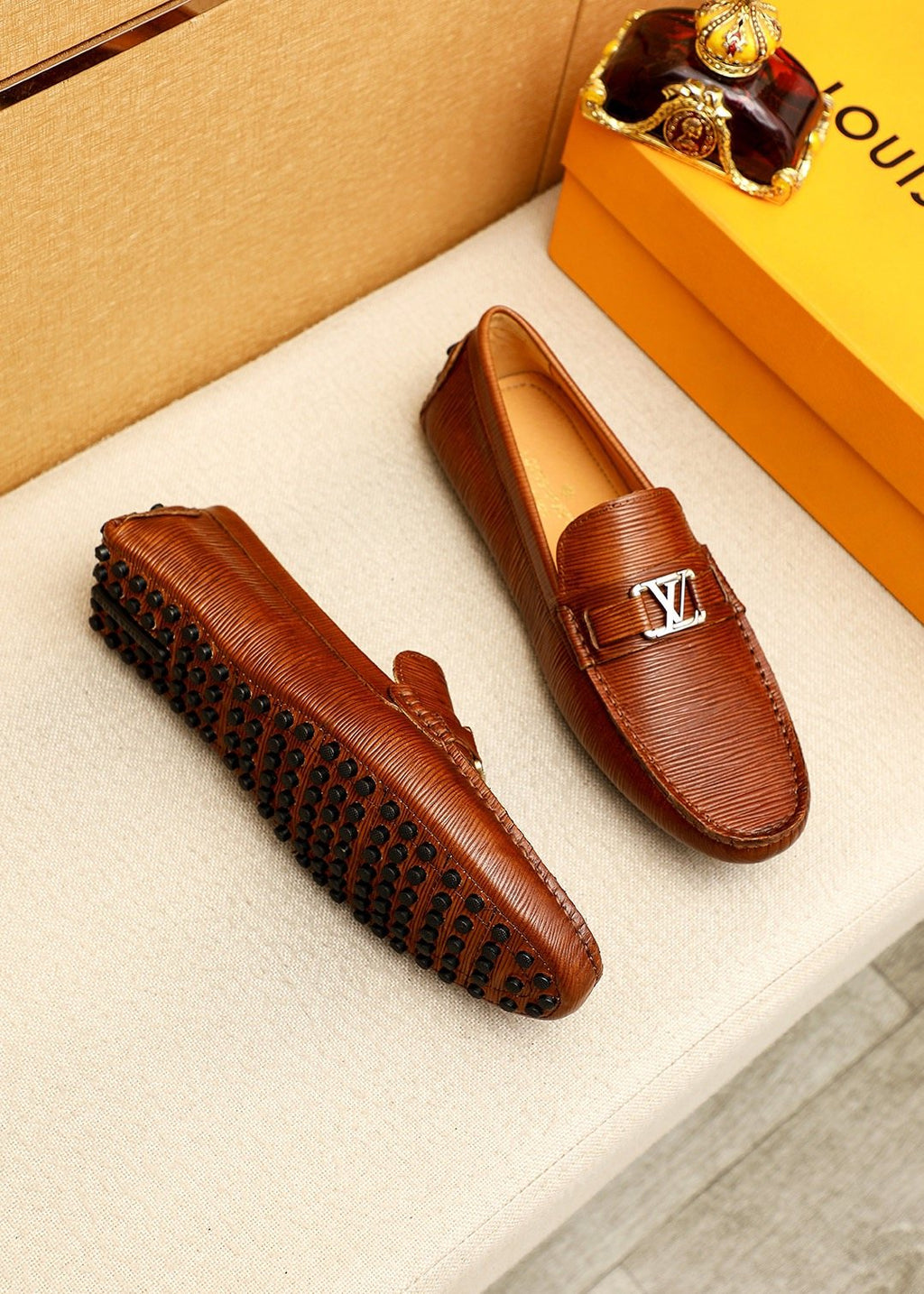 Louis Vuitton Brown Textured Driving Shoes — front