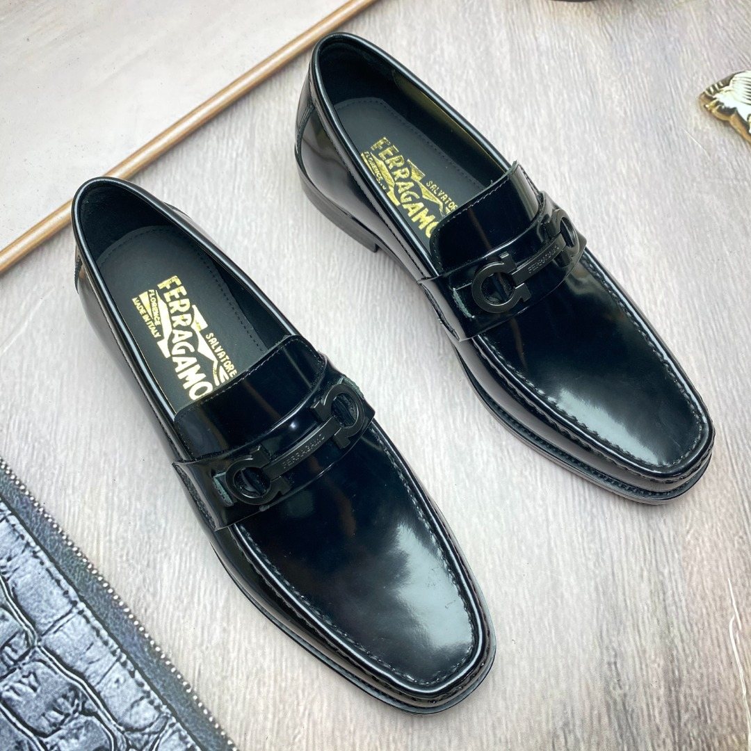Ferragamo Black Metal-Accent Slip-On Loafers — front